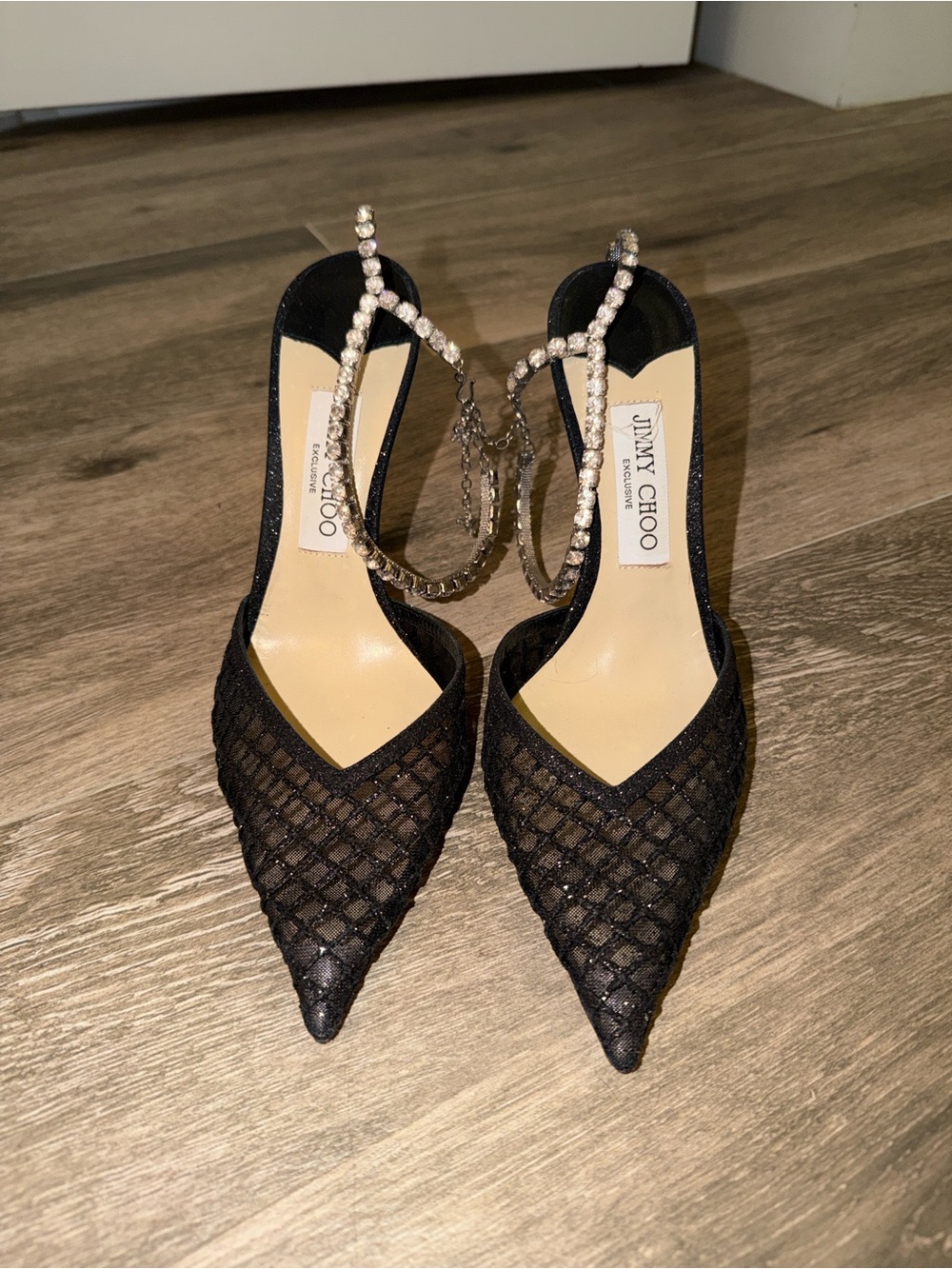 Jimmy Choo Black Crystal Mesh Pointed Slingback Heels with Rhinestone Anklets